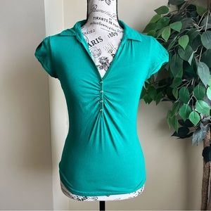 Vixen Short Sleeve Button Detail Collared Polo Shirt Green Sz M